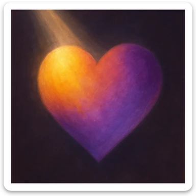 A heart with a warm gradient, including yellow, orange, purple and lilac shades, a ray of light and darker muted tones, aspect ratio 3x4 sticker