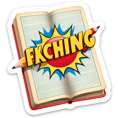 Create a vibrant emoji, representing comic books and graphic novels as an art form. The design should feature a large, opened comic book with vintage comic panels on the pages. Include a pencil (without a hand), writing text or sketching on the pages. The comic panels should have bold lines and retro-style artwork with classic comic book visuals. Use bright, energetic colors like red, yellow, and blue to evoke excitement and creativity. The overall design should feel dynamic, vintage, and artistic. Make the background transparent. sticker