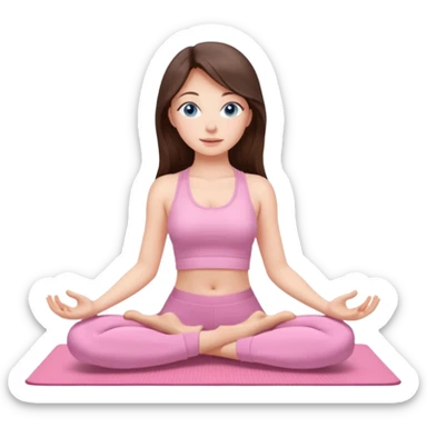 Brunette long hair and blue blue eyes yoga beautiful girl in light pink pink pink clothes sitting on a yoga mat sticker