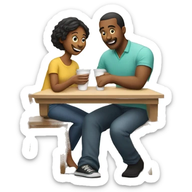 An emoji of a family—mother, father, and child—sitting at a table, playing a cup game with paper cups arranged on the table as they have fun together sticker
