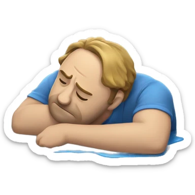 create an emoji of a man wearing a blue shirt, laying face down on the ground looking exhausted and a puddle around his face making him look melted sticker
