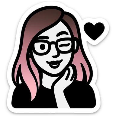 woman with gradient hair from dark to pink with glasses, brown roots, brown eyebrow, flirting, icon-black-filled style sticker