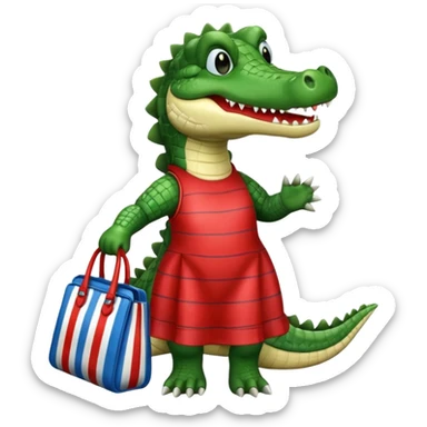 crocodile in a red dress and blue boots, holding a striped bag sticker