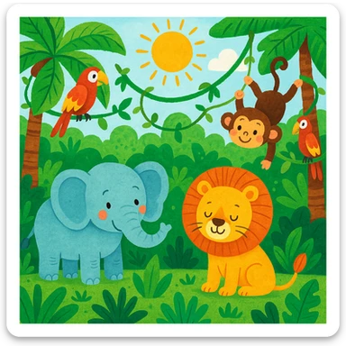 digital illustration of jungle safari in the style of children's illustration   sticker