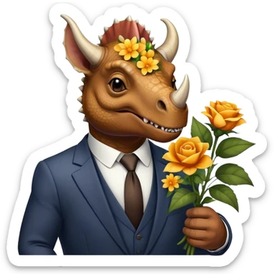 old triceratops in suit holding flowers sticker