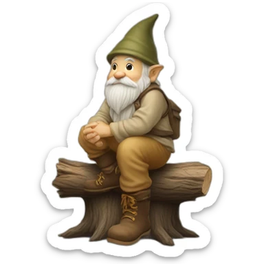 side view of gnome with light tan pants and boots squatting on top of small brown log sticker