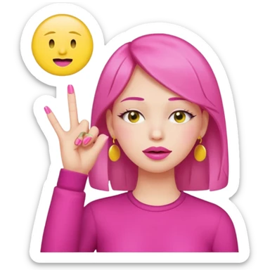 Yellow circle emoji exasperated and drumming fingers up the side of their head the eye is closed it is a side profile pink lipstick and pink nails sticker