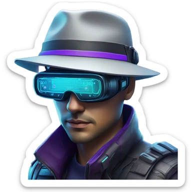 Secret human agent in a hat with  cyberpunk elements in VR googles scanning looking reviewing multicolor lines of code, cyan and purple colors, only upper body portrait sticker