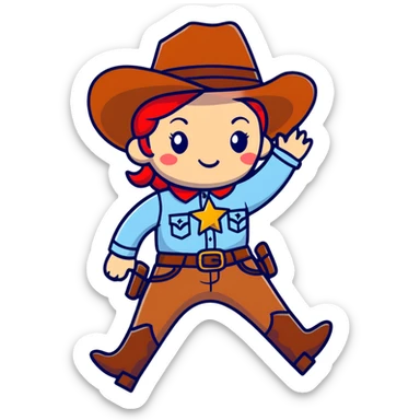 A cartoon stuffed cowgirl toy with freckles, red hair and a star-shaped badge sticker
