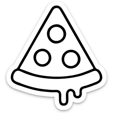 A triangular slice of pizza with melting cheese and pepperoni toppings, minimalist outline sticker