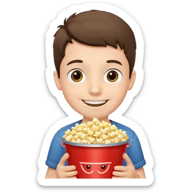 a young boy holding a bucket of popcorn sticker