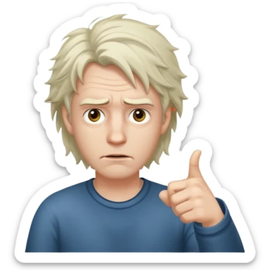 Weak man with disheveled hair pointing to his right sticker