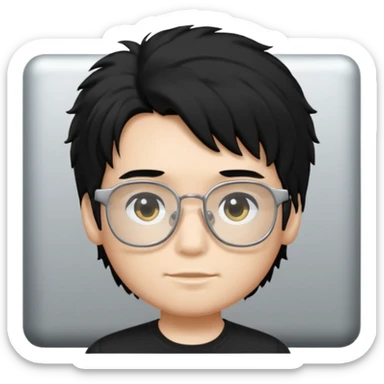 a boy wearing black t-shirt, has fluffy black hair and silver rectangular glasses sticker