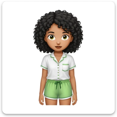 Menina morena do cabelo encaracolados pretos e um pijama de blusa branca e short molinho verde sticker