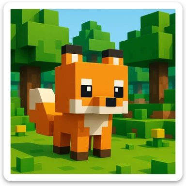 Minecraft fox character, blocky and geometric, expressive eyes, standing in a forest biome sticker