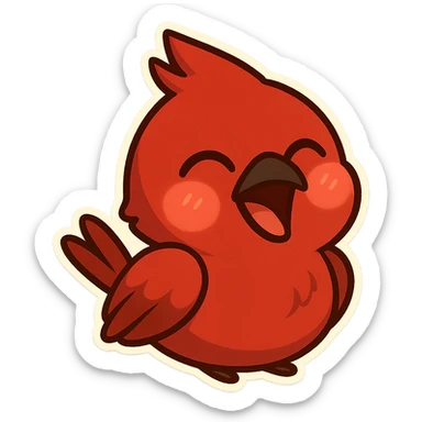 Chibi red male cardinal laughing with eyes closed and beak wide open, soft glowing cheeks, cozy cartoon emoji. sticker