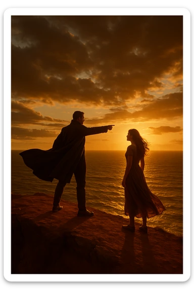 A cinematic scene of a man as a commander guiding a woman toward a bright future, standing on a cliff edge overlooking a vast ocean at sunset, with the man pointing forward while the woman looks at him, ready to follow his lead. The man wears a dark coat blowing in the wind, creating a heroic silhouette, while the woman wears a flowing dress, her hair catching the light. Warm, dramatic lighting with golden tones, emphasizing hope and leadership. Wide-angle shot capturing the epic scenery and emotional connection.
 sticker