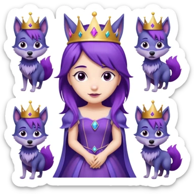  a cute princess wearing a purple dress and crown with purple hair and purple wolf ears and purple wolf tail character. Each square shows the character doing different actions against a white background And make a gap between each illusion sticker