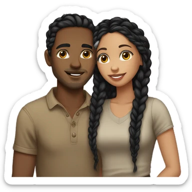 Girl with long wavy black hair wearing a brown shirt kissing a light skin man with black braids wearing a black shirt sticker