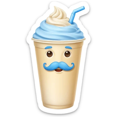 milkshake in a paper cup with blue mustache sticker