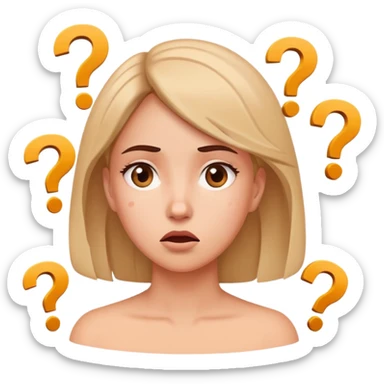 Confused woman with tilted head and question marks circling around her sticker