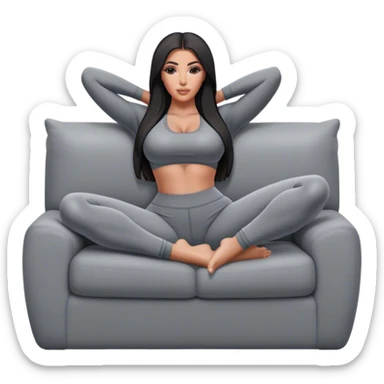 hyper-realistic kim kardashian in gray yoga pants lying on couch comfy sticker