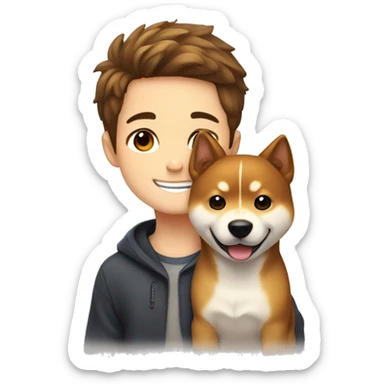  boy with brown hair with brown eyes and wide brows 12 years smiling and hugging dog shiba inu  sticker