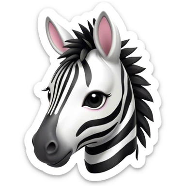 Cinematic Cute Zebra Portrait Emoji, Head tilted playfully and inquisitively, featuring a glossy, intricately striped fur of black and white, a refined, horse-like head with a long snout and alert ears, and round, sparkling eyes filled with curious wonder, Simplified yet irresistibly adorable features, highly detailed, glowing with a warm, friendly glow, high shine, affectionate and spirited, stylized with a touch of savannah whimsy, bright and endearing, soft glowing outline, capturing the essence of a mischievous yet loving zebra that feels like it could prance out of the screen and into your arms! sticker