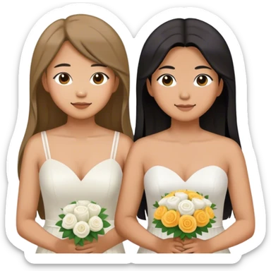 Asian lesbian couple at wedding. One of them has long hair and the other has very short hair. sticker