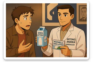 fai un webtoon manga a colori con questo stile, in cui un uomo ASCOLTA Il kinesiologo con il camice bianco (fagli anche la scritta "ANTONIO ANANIA" SUL CAMICE, IL KINESIOLOGO SPIEGA ALL'UOMO UNA MOSTRANDO VARI PRODOTTI DA SUPERMERCATO CONFEZIONATI (TIPO SCATOLA DI LATTE SENZA LATTOSIO, MOZZARELLA SENZA LATTOSIO), OGNI CONFEZIONE HA LA SCRITTA "SENZA LATTOSIO SULL'ETICHETTA. L'UOMO OSSERVA IL KINESIOLOGO CON ESPRESSIONE CONFUSA IN VOLTO. non fare i fumetti però, fai solo in modo che sembri stiano parlando sticker