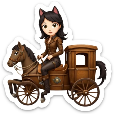 Rustic Lego antique wood detailed 1854 pretty dark-haired Catgirl driving a huge horse-drawn stagecoach Caravan on a bumpy scary trail in the woods  sticker