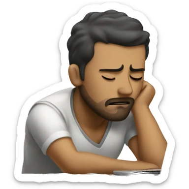 a tired man sleeping on the desk while the computer is open sticker
