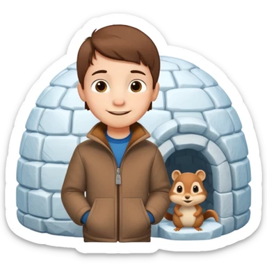 smiling boy with short hair and an igloo and chipmunk  sticker