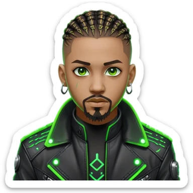 Light skinned African American male with green eyes as a cyberpunk hacker with cornrows hairstyle but short cornrows  with goatee facial hair sticker