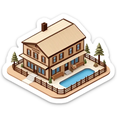 Isometric exterior brown and beige national parks shop and visitor center, dollhouse style 3D realistic  sticker