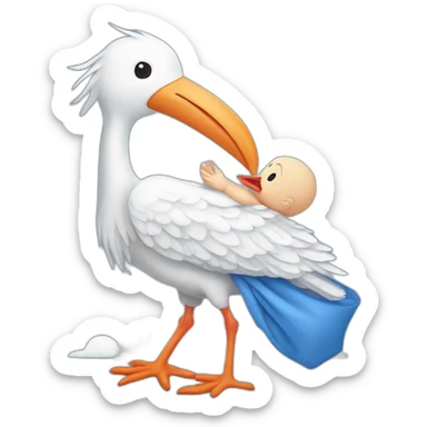 White stork carrying a blue bundle of cloth that has a human person cute baby human in it and the human baby head is peeking from the fabric the strok is carrying in its beak sticker