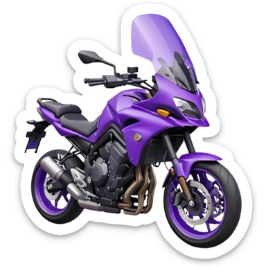 Créer un emoji avec une moto mt07 sport noir mate / violet iridescent très foncé, pare-brise de la moto violet. Avec une pilote dessus visière violet sombre visage caché . Avec fond arrière violet en arrière plan. sticker
