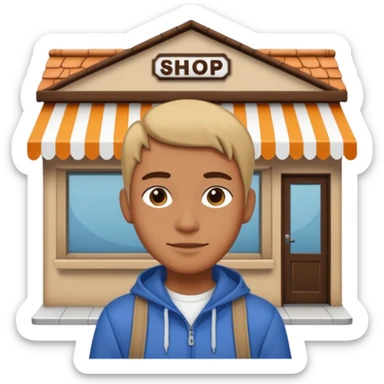 grown  2D line-drawn character + small shop sticker