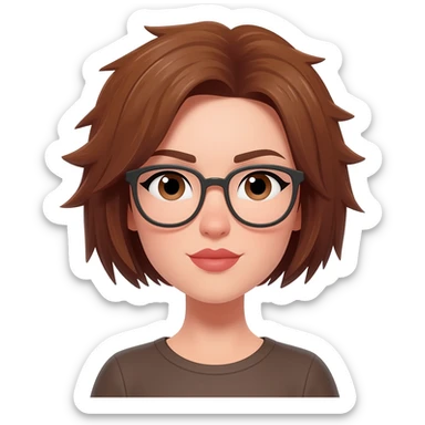 Female very very short brown hair few spikes glasses lips sticker