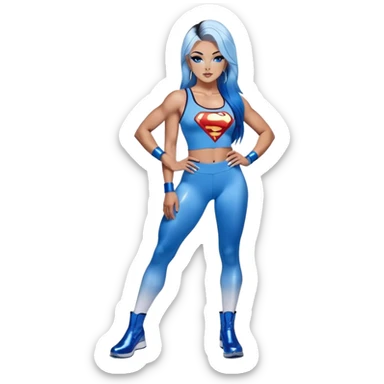 body with long legs-very very very large chest with clevage-sexy face-leggings-puma boots-very long very straight dark blue to light blue ombre hair-and-blue eyes-thick black eyeliner-thick long eyelashes-sky blue lowcut tanktop with glitter superman logo-silver hoop earrings sticker