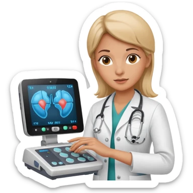 female doctor and ultrasound technician adjusting knobs on an ultrasound machine sticker