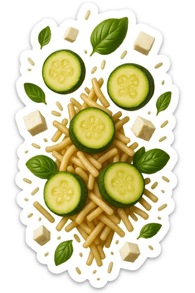 EMOJI STILE IPHONE DI Pasta di riso con zucchine, basilico e feta cade verticalmente, iperrealistica 4k sticker