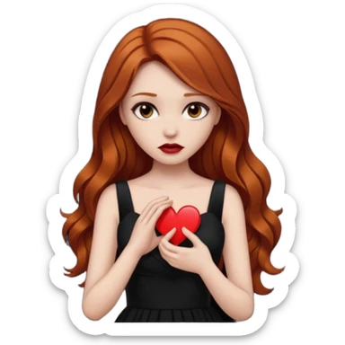  woman flirting long dark ginger hair dark make up holding a broken heart black dress sticker