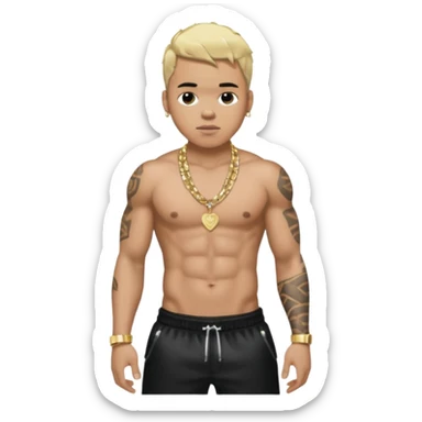 Chris Brown with blonde hair, black sequin baggy pants, shirtless with necklace sticker