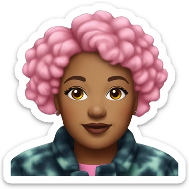 Plus size black woman with pink curly pixie cut hair and a tie dye winter coat  sticker