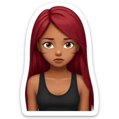 a brown girl with straight long dark red hair, black tank top, eyeliner on. Looking sad sticker