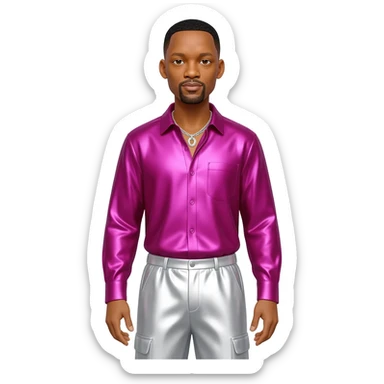 Will Smith with black hair, fuchsia metallic shirt, white metallic baggy pants, silver necklace sticker