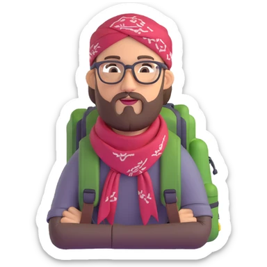 adventurer with goatee beard (no beard on cheeks), short hair, glasses, bandana on head and backpack sticker