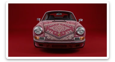 Closeup shot of a porsche 911, body of car made of russian carpet with patterns, red solid studio background,top low key light, dutch angle,  captured by ARRI 65 sticker