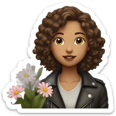 Long brown curly haired girl in leather jacket dreams about flowers  sticker